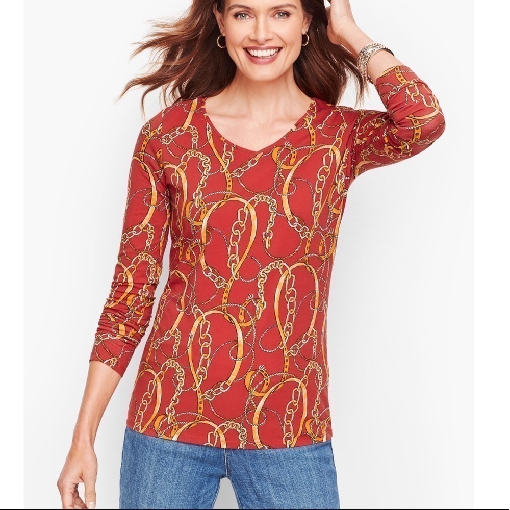 TALBOTS Versace inspired Chain links Print keyhole Blouse womens petite size SP